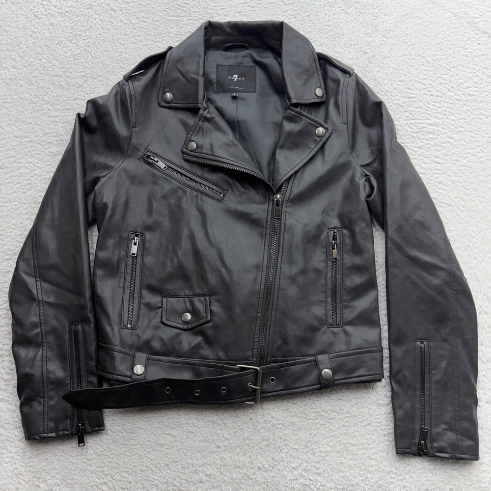7 For All Mankind Womens Black Vegan‎ Leather Moto Biker Jacket Small Belted Zip